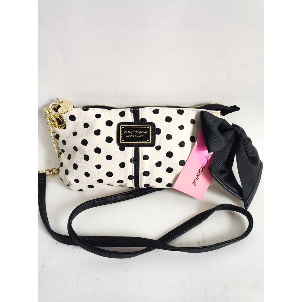 New Betsey Johnson Crossbody Bag Polka Dot Bow White Black NWT